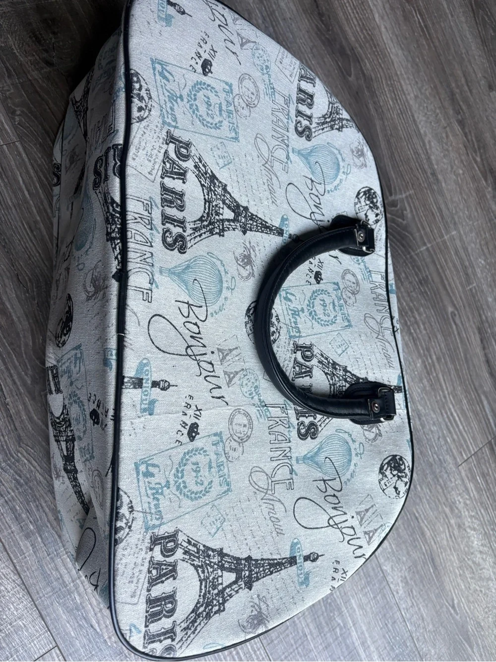 Paris Print Travel Weekender Bag in Light Gray and Black
